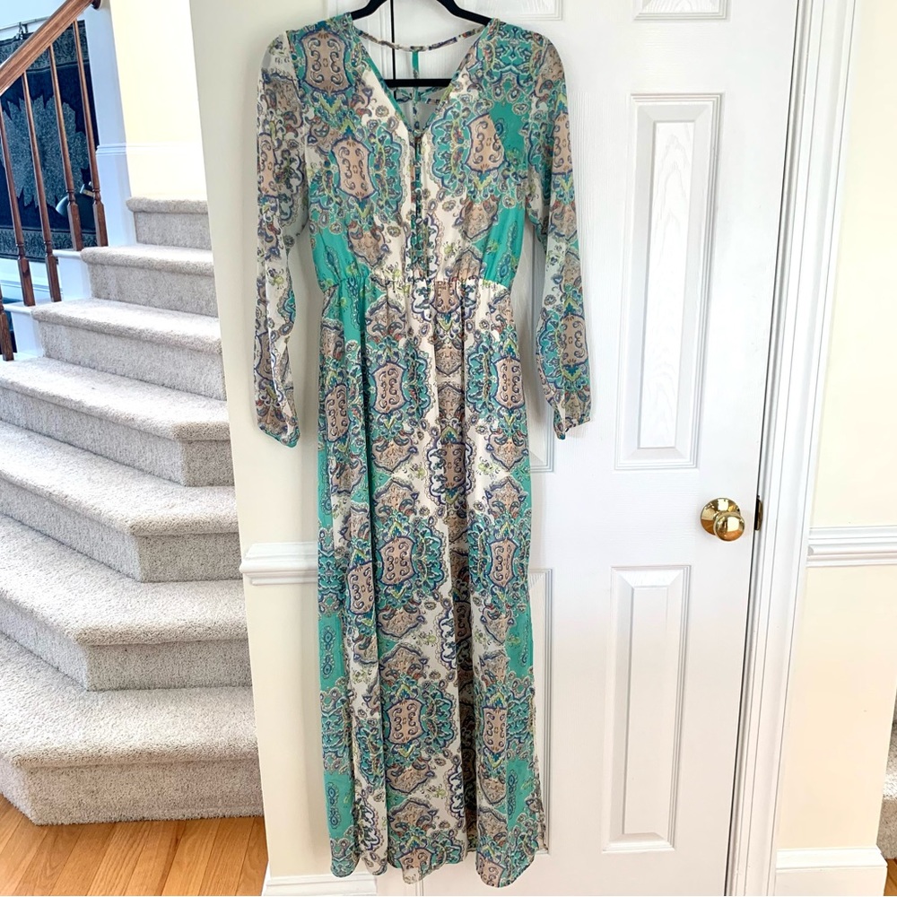 Boohoo Long Sleeve Maxi Dress - Teal and Beige